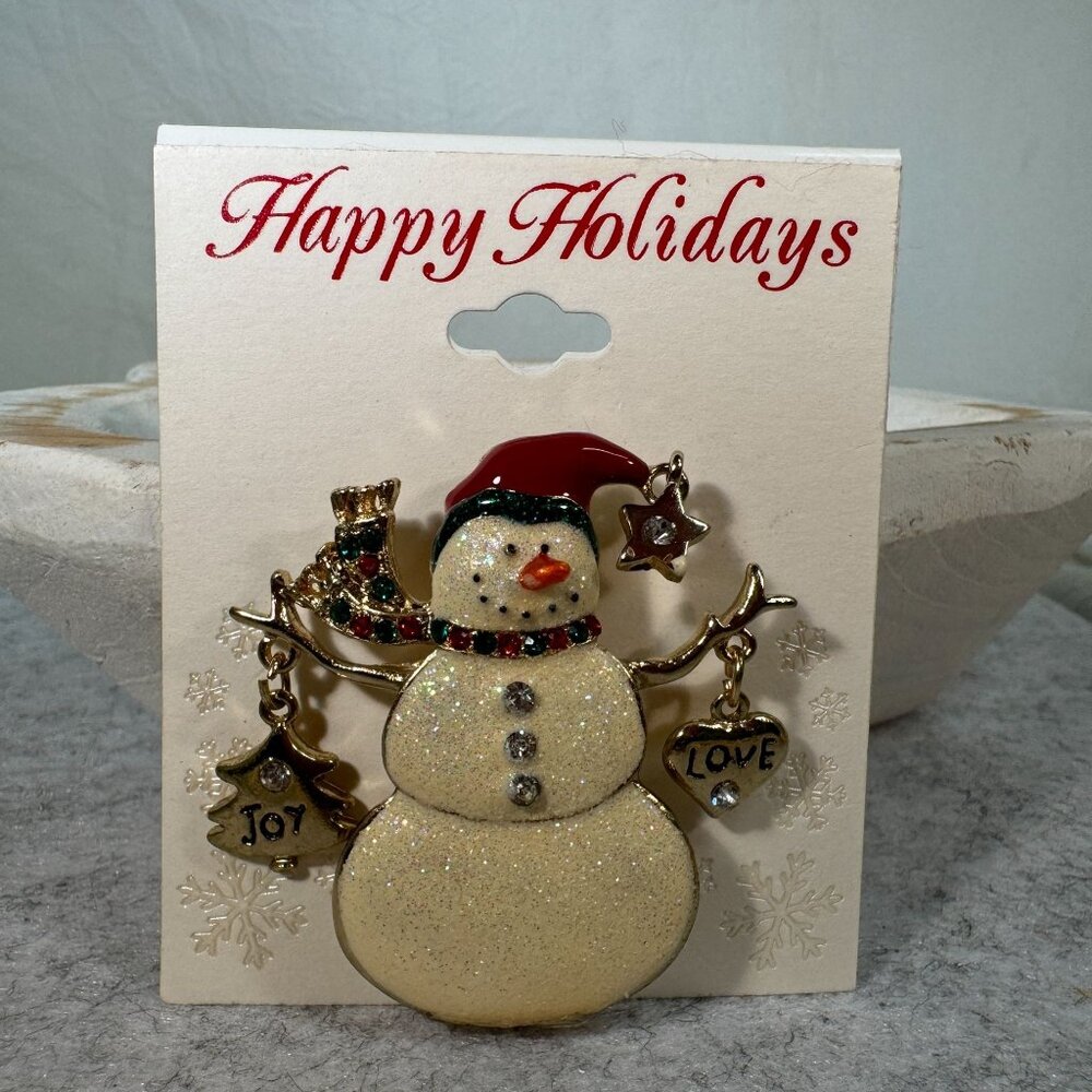 Snowman Holiday Brooch Pin Goldtone Enamel Rhinestone Table & Tower